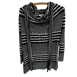 Escada Black White Knit Striped Cowl Top Size M Tie Neck 3/4 Sleeve Casual